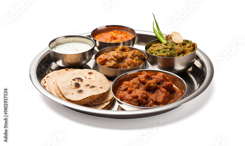 A traditional and authentic Maharashtrian mutton thali served in a round stainless steel plate with multiple bowls on a transparent background