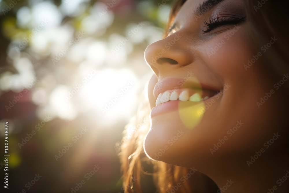 Close-up of face smiling in sunlight with lens flare, quiet outdoor setting, peaceful emotion Close-up of face smiling in sunlight with lens flare, quiet outdoor setting, peaceful emotion