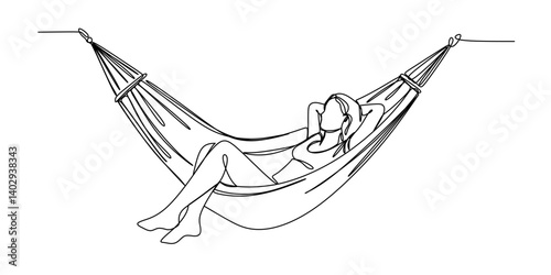 continuous single line drawing of woman relaxing in hammock  line art vector illustration