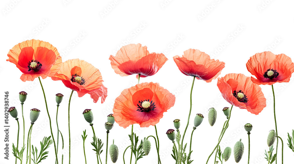 Obraz premium Vivid Poppy Flowers on White Background - Elegant Floral Composition for Professional Projects