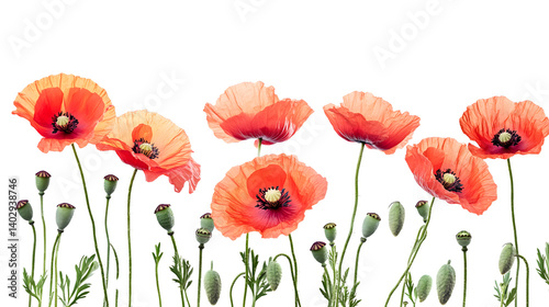 Vivid Poppy Flowers on White Background - Elegant Floral Composition for Professional Projects