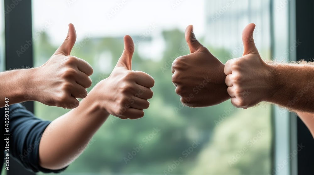 Diverse hands showing thumbs up gesture with blurry office background positive feedback concept agreement approval acceptance