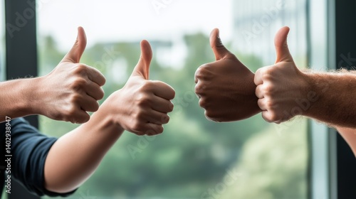Diverse hands showing thumbs up gesture with blurry office background positive feedback concept agreement approval acceptance 