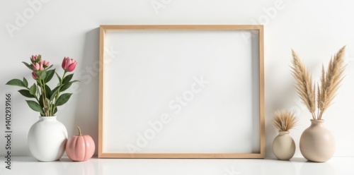 Minimalist frame holding decorative items against a plain white background, sleek clips, decorative items
