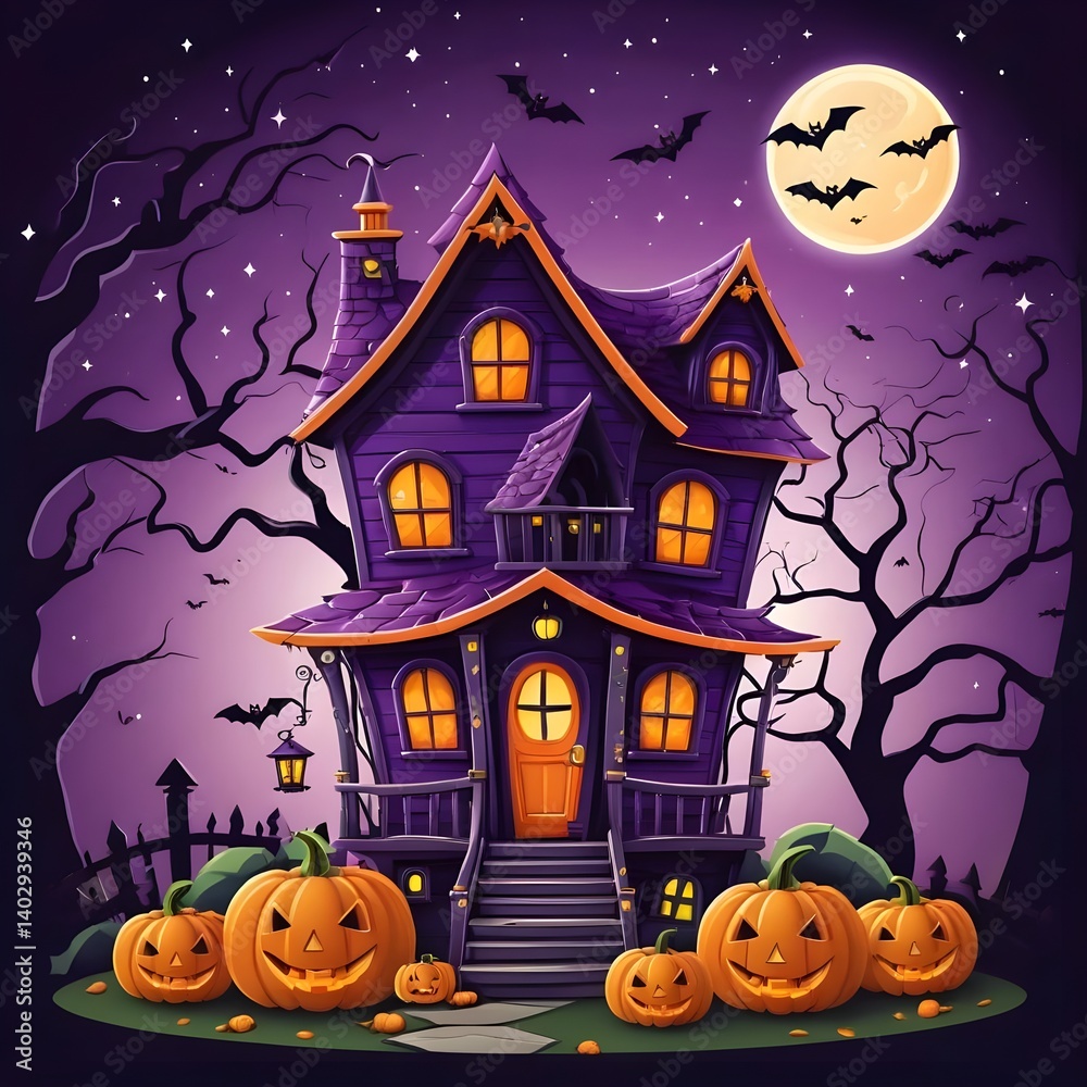 Fototapeta premium Spooky Halloween Haunted House with Pumpkins