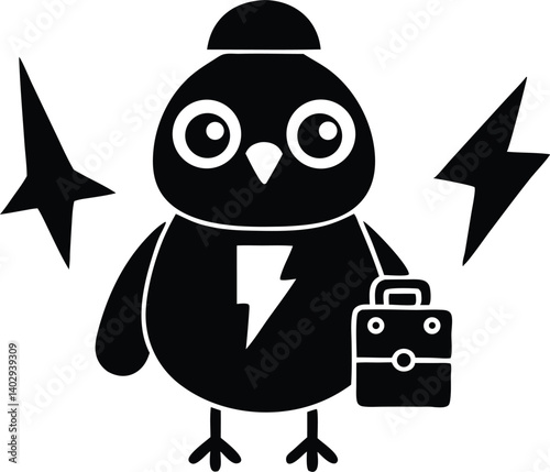 Energetic Business Bird Icon In Black With Briefcase And Lightening Bolts Ready For Success, bird, business, briefcase, cartoon, character, clip art, design, electricity, element, energy, graphic