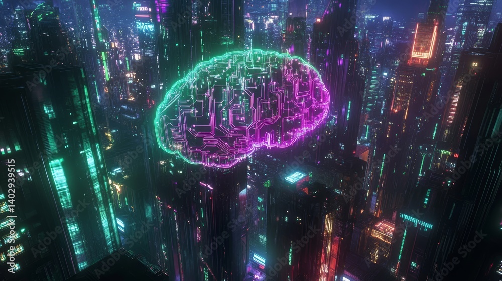 Digital brain circuit projection with neon glow over futuristic cityscape background symbolizing artificial intelligence advancement and innovative technology concept of modern innovation