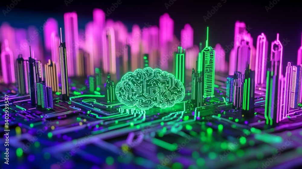 Neon brain circuit projection: futuristic tech innovation