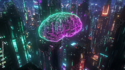 Obraz na płótnie Digital brain circuit projection with neon glow over futuristic cityscape background symbolizing artificial intelligence advancement and innovative technology concept of modern innovation w salonie