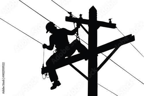 Silhouette Of A Lineman Working On A Utility Pole With High Voltage Power Lines Against White Background, lineman, utility worker, power line, electric, electric pole, electrical worker, occupational