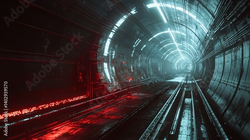 Futuristic high-speed train motion blur in neon tunnel with glowing light trails and dynamic curve perspective, symbolizing fast transport and innovation.