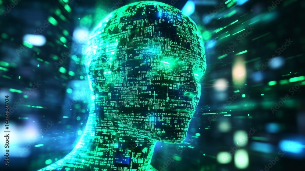Digital human head with data streams in a futuristic virtual background artificial intelligence machine learning concept electric green and blue