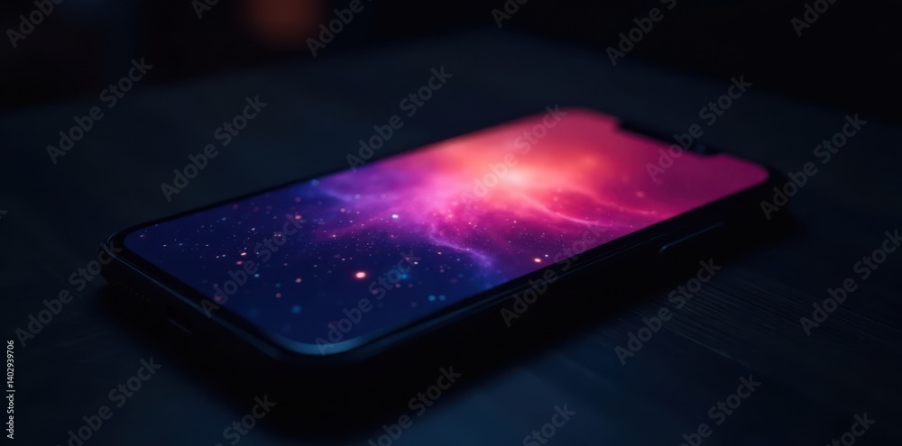 Black smartphone with screen glowing in dark room , digital, innovation Black smartphone with screen glowing in dark room , digital, innovation