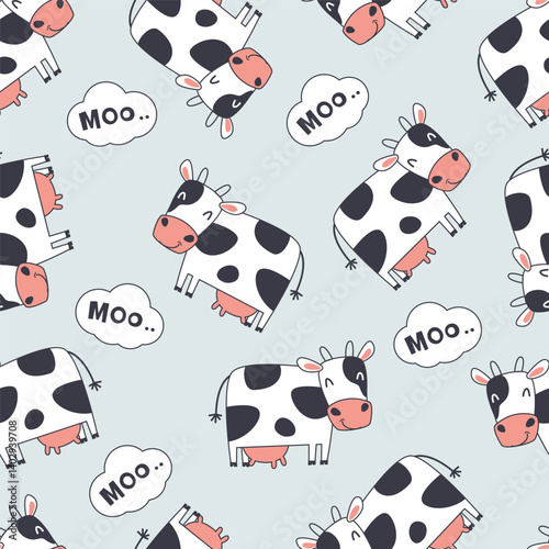 Childish and playful seamless pattern with cute dairy cow. Vector illustration for kids or baby apparel,  textile, print, wrapping paper, kindergarten, nursery background and other