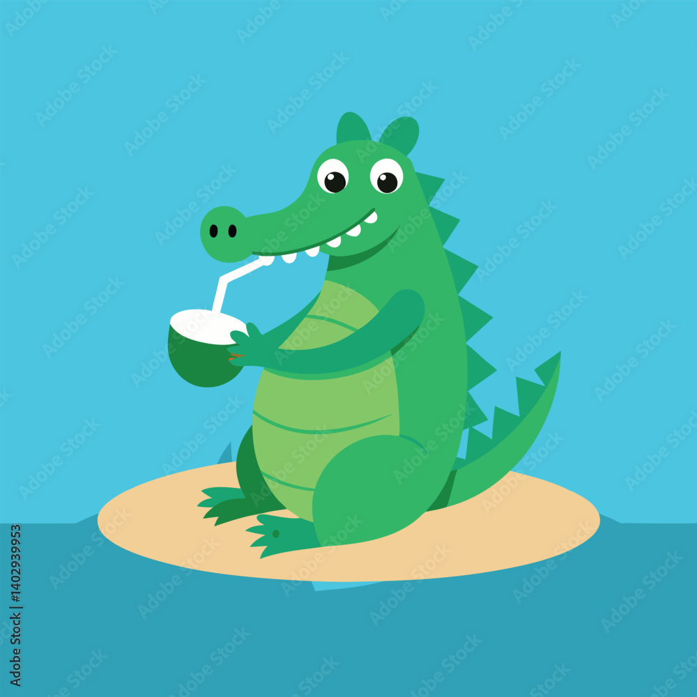 Fototapeta premium Funny crocodile drinking coconut with straw in sea beach vector illustration