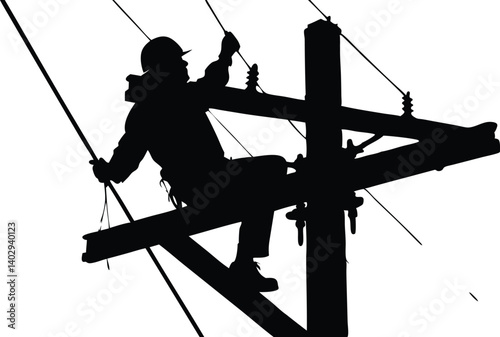 Silhouette Of Electrical Worker Repairing Power Lines Atop Utility Pole Against White Background With Safety Helmet, electrical worker, lineman, utility worker, power line, power lines, utility pole