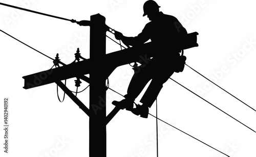 Silhouette Of A Lineman Working On Power Lines Depicting Skilled Trades And Electrical Maintenance With Safety Equipment Against A White Background, lineman, silhouette, power lines, electrical worker