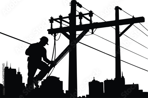 Silhouette Of Lineman Ascending Utility Pole Against Cityscape Black And White Illustration, lineman, utility worker, power line, electric pole, silhouette, city skyline, cityscape, urban, electricity