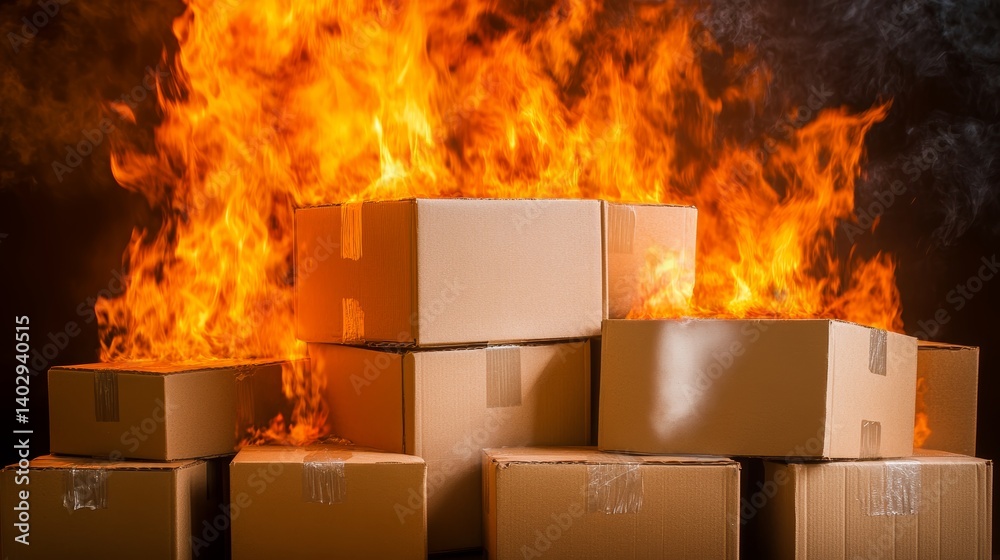 Burning cardboard boxes in dark background pile of flammable packages engulfed in flames concept of risk danger and destruction