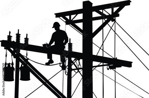 Silhouette Of Electrician Working On Power Pole Electrical Maintenance And Utility Worker Safety Inspections On Electricity Network, electrician, power pole, silhouette, electrical, utility, worker