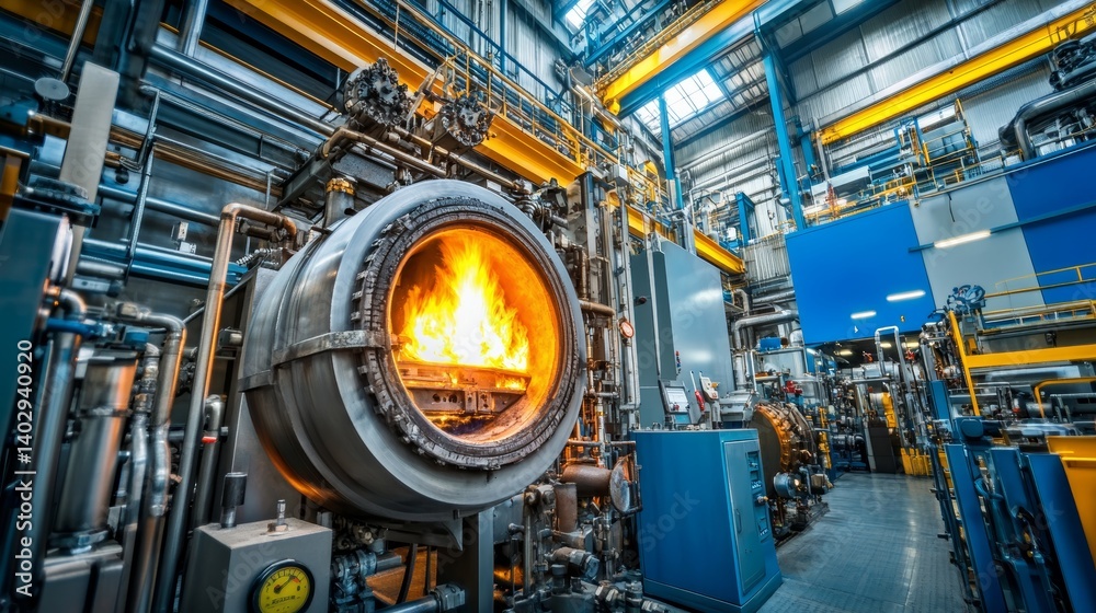 Industrial furnace with fire inside machinery details