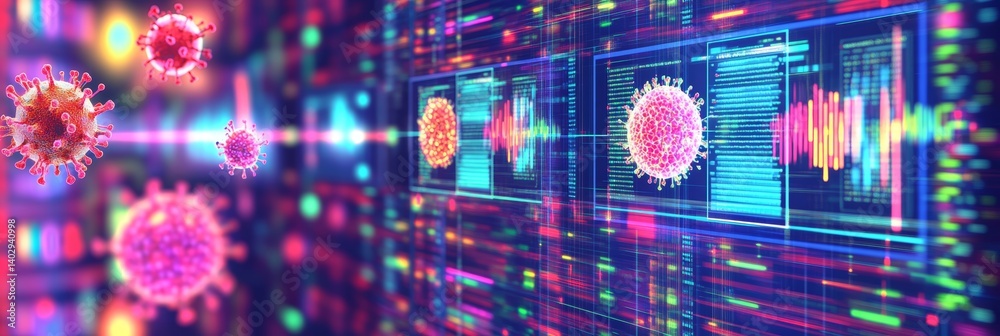 Biological data analysis on advanced tech displays with virus cells over a vibrant background showcasing scientific research