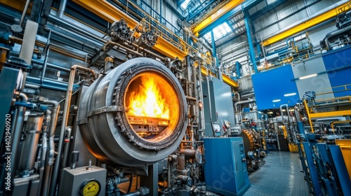 Obraz na płótnie Industrial furnace with fire inside machinery details w salonie