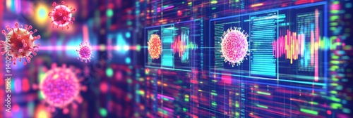 Obraz na płótnie Biological data analysis on advanced tech displays with virus cells over a vibrant background showcasing scientific research w salonie
