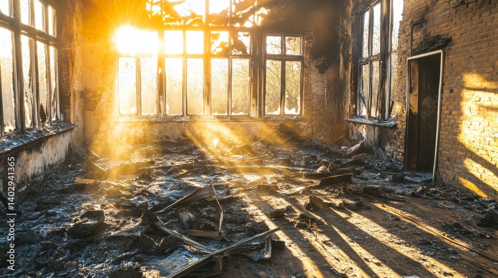 Burnt room interior with sunlight: destruction aftermath natural light through windows illuminating fire damage and debris in a desolate abandoned building background
