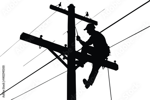 Lineman Silhouette Working On Electrical Pole Repairing Or Installing Wires Danger Profession Power Infrastructure Black And White, lineman, electrical, power, pole, utility, worker, silhouette