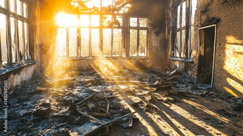 Obraz na płótnie Burnt room interior with sunlight: destruction aftermath natural light through windows illuminating fire damage and debris in a desolate abandoned building background w salonie