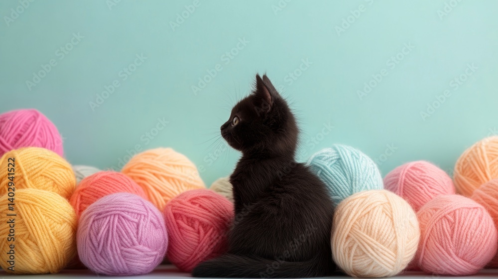 Cute kitten with yarn balls a playful scene featuring a black cat silhouette against a pastel colored background