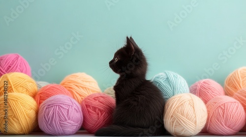 Obraz na płótnie Cute kitten with yarn balls a playful scene featuring a black cat silhouette against a pastel colored background w salonie