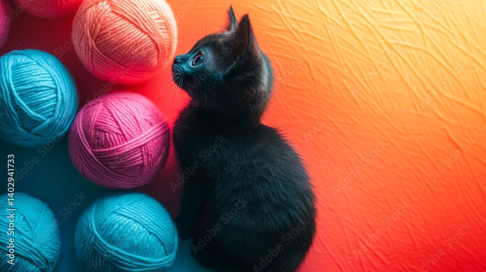 Cute black kitten with pastel yarn balls on bright colorful background pet photography