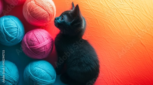 Obraz na płótnie Cute black kitten with pastel yarn balls on bright colorful background pet photography w salonie