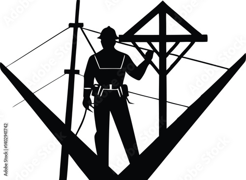 Silhouette Of Electrical Worker On Utility Pole Depicting Lineman Profession Electrical Grid Safety And Maintenance Services, lineman, electrical worker, utility pole, silhouette, electricity, power