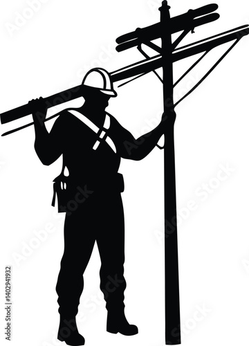 Lineman Silhouette Holding Utility Pole And Equipment Maintenance Worker In Black And White Safety And Electrical Work, lineman, utility worker, utility pole, electric pole, worker, electrician