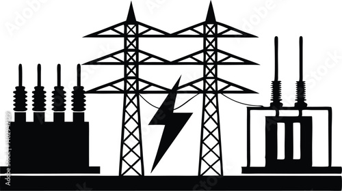 Electrical Power Station Icon Featuring Transmission Towers And Lightning Black Silhouette Energy Generation And Distribution, power, electricity, station, electrical, transmission, tower, energy