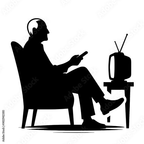 Elderly man watching TV silhouette illustration