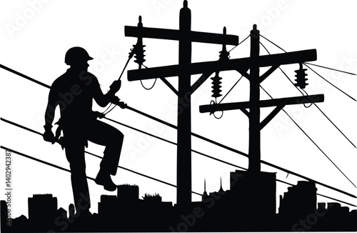 Lineman Silhouette Working On Power Lines Over Cityscape Black And White Vector Illustration For Stock Images And Platforms, lineman, electrical worker, power lines, electrician, silhouette
