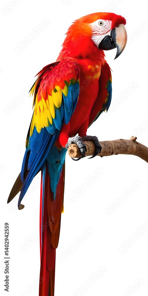 Fototapeta premium Colorful scarlet macaw isolated on a transparent background showcasing its vibrant feathers and perched on a branch