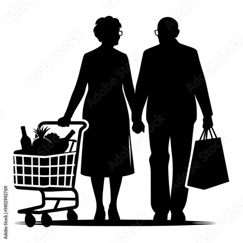 Elderly couple shopping together silhouette illustration