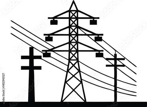 Electrical Transmission Tower Silhouette Energy Grid Infrastructure And Power Lines Distribution Illustration Black And White, electrical, electricity, transmission, tower, pylon, power, line
