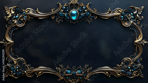 A lavishly ornate gold-and-teal decorative frame with detailed floral and scrollwork.