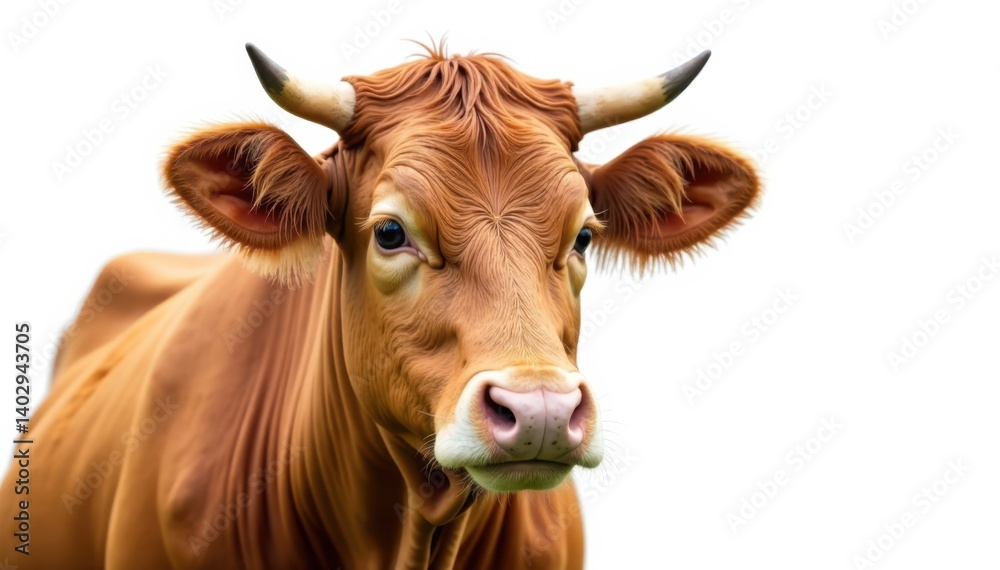 Brown cow with ears isolated on white background, farm animal, brown Brown cow with ears isolated on white background, farm animal, brown