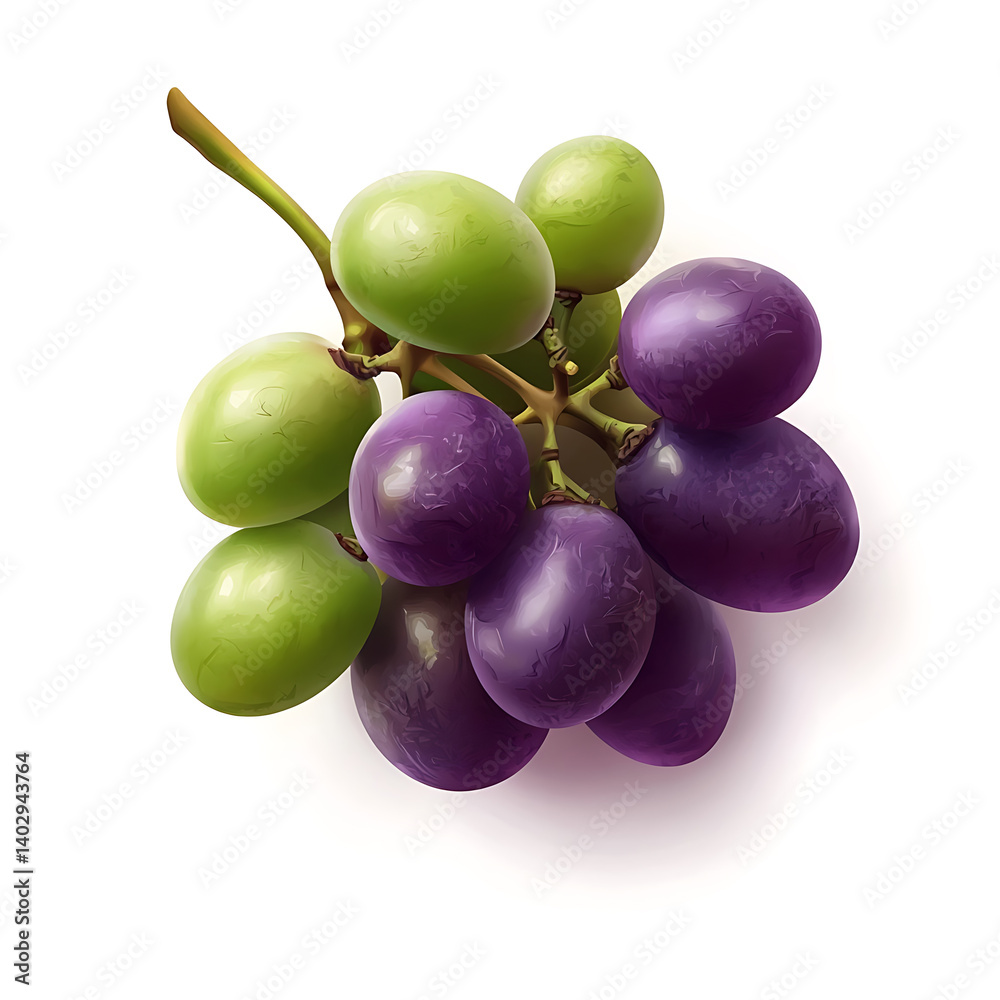 A fresh vibrant bunch of grapes with a mix of green and purple, isolated white background, hyperrealism art style