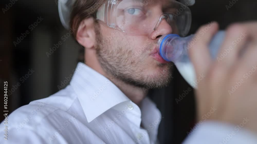 Male engineer in a helmet drinks milk from a bottle Male engineer in a helmet drinks milk from a bottle