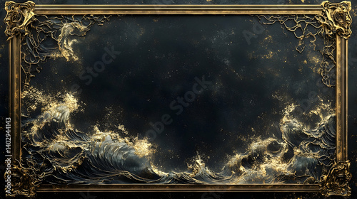 A gilded frame showcasing turbulent waves, adorned with gold flecks.