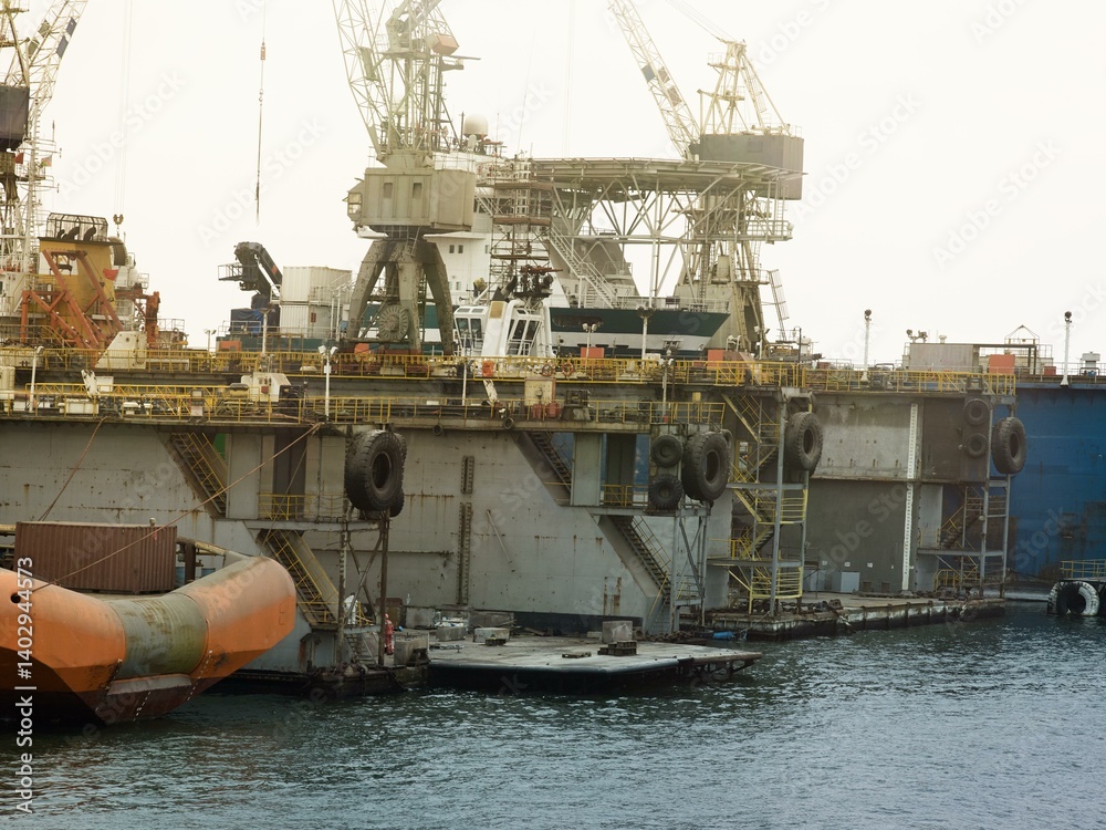 Fototapeta premium An offshore oil platform docked at a shipyard with cranes, support vessels, containers, and workers. The structure features yellow railings, massive tires, and maintenance crew on deck.