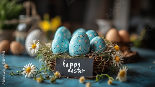 Obraz na płótnie Happy Easter Blue speckled eggs nestled in a rustic bird s nest surrounded by daisies soft natural light blurred background w salonie